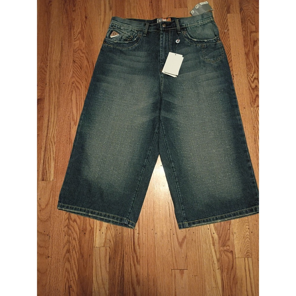 Akademiks Shorts Mens 36 Blue Denim Loose Fit Distressed Baggy Y2K Hip Hop Style